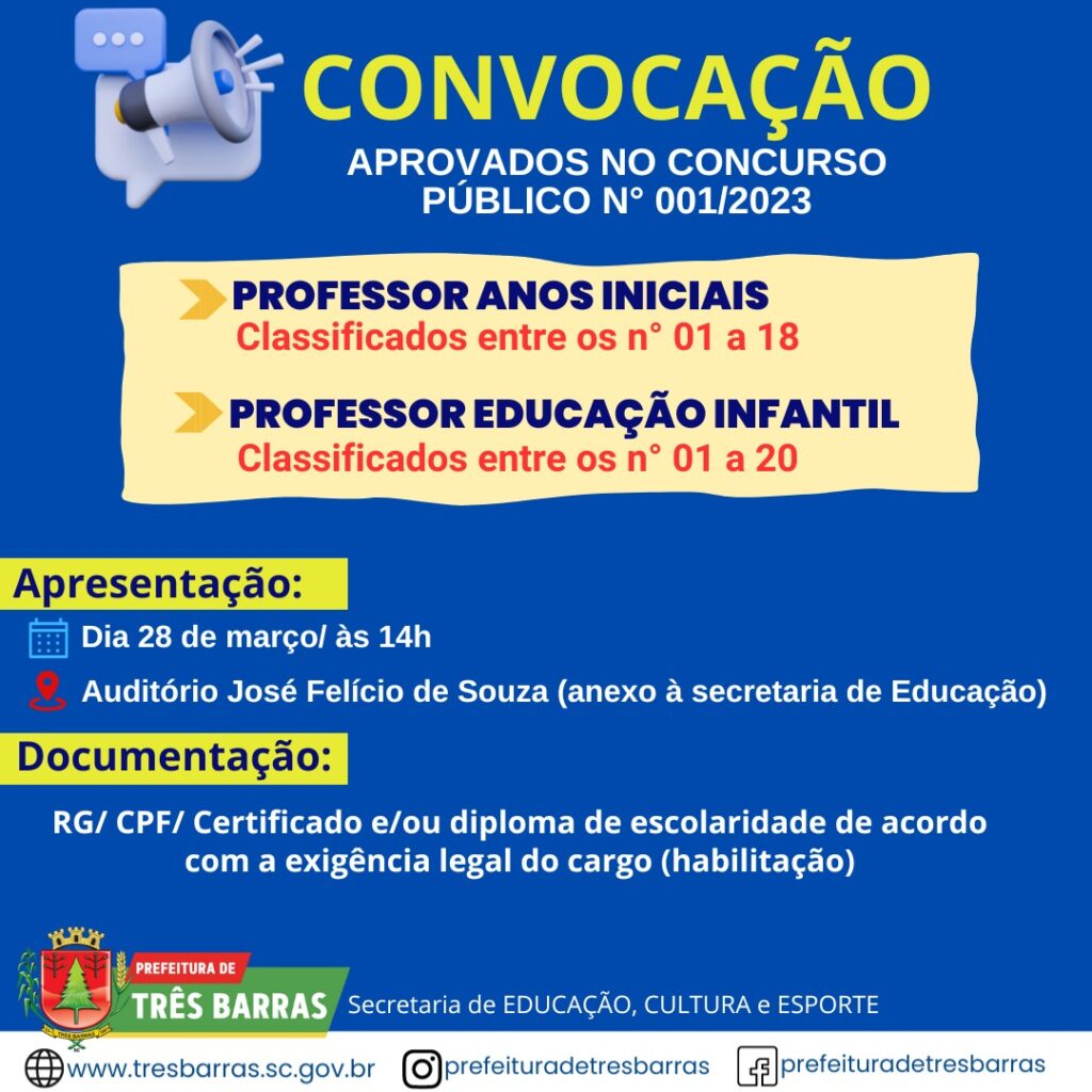 Três Barras Prefeitura Convoca Professores De Anos Iniciais E Educação Infantil Aprovados Em 2392